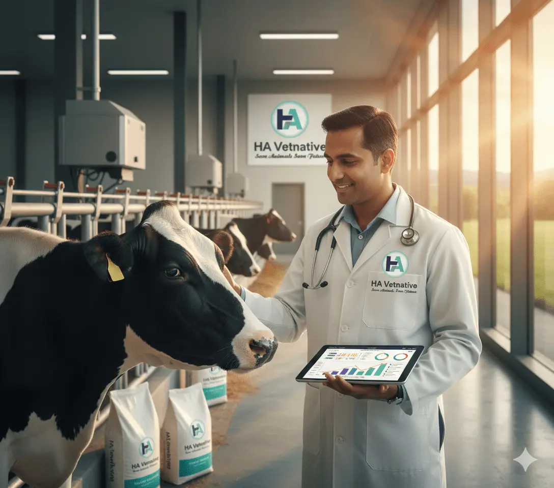 Professional veterinarian examining healthy dairy cattle in modern farm facility with feed supplements